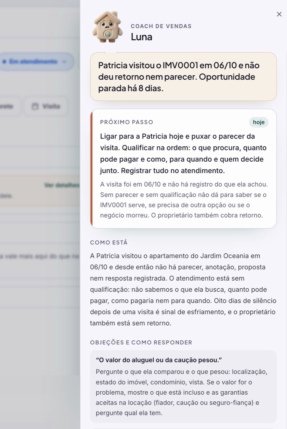 Painel Coach de vendas da Luna aberto na Imovissi: resumo da oportunidade parada há 8 dias, o próximo passo para hoje, como está o atendimento e a objeção sobre o valor com a resposta sugerida.