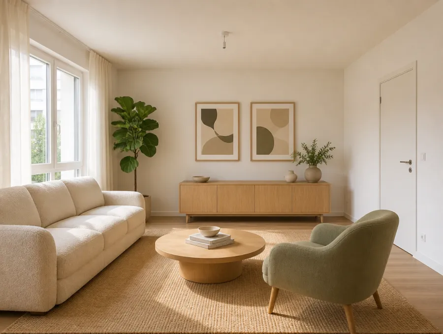 O mesmo cômodo mobiliado com sofá, poltrona, tapete e plantas por staging virtual