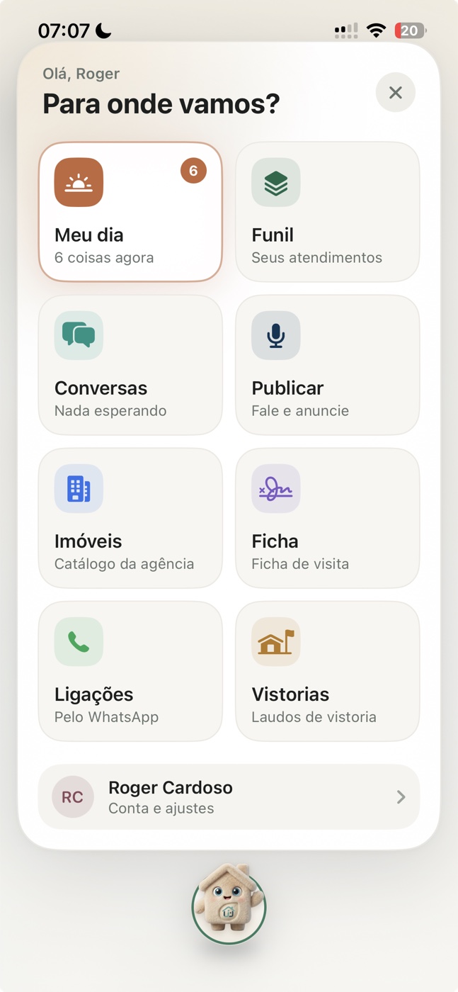 Aplicativo Imovissi Corretor, menu Para onde vamos?: Meu dia, Funil, Conversas, Publicar, Imóveis, Ficha, Ligações e Vistorias, com a Luna no rodapé.