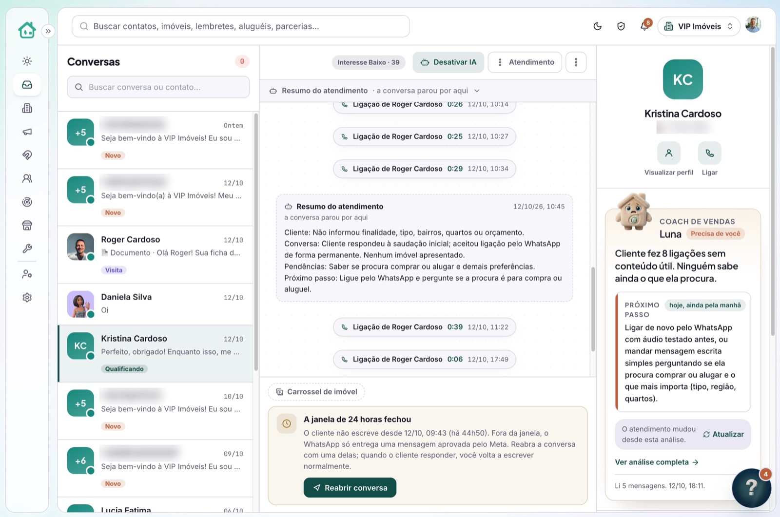 Inbox da Imovissi com uma conversa aberta e o painel do lead