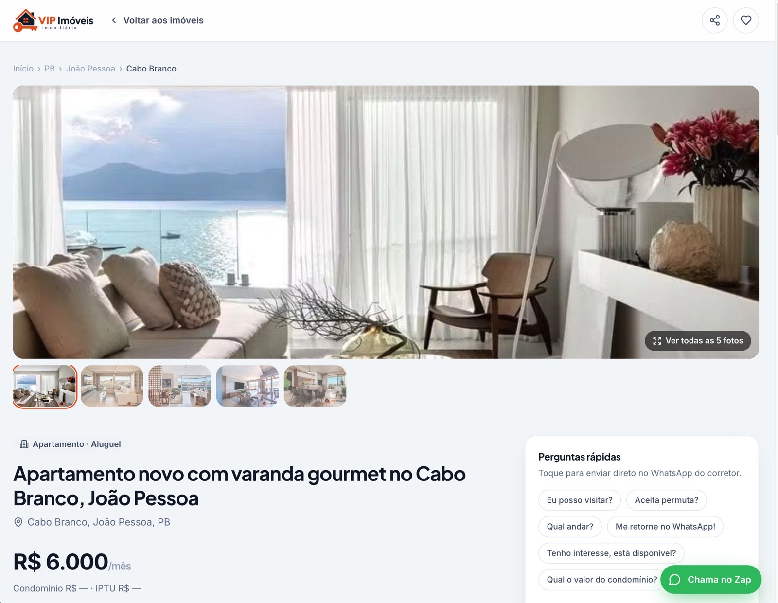 Site de imobiliária criado pela Imovissi: página de um apartamento para alugar no Cabo Branco, em João Pessoa, com galeria de fotos, preço e perguntas rápidas que vão direto para o WhatsApp do corretor.